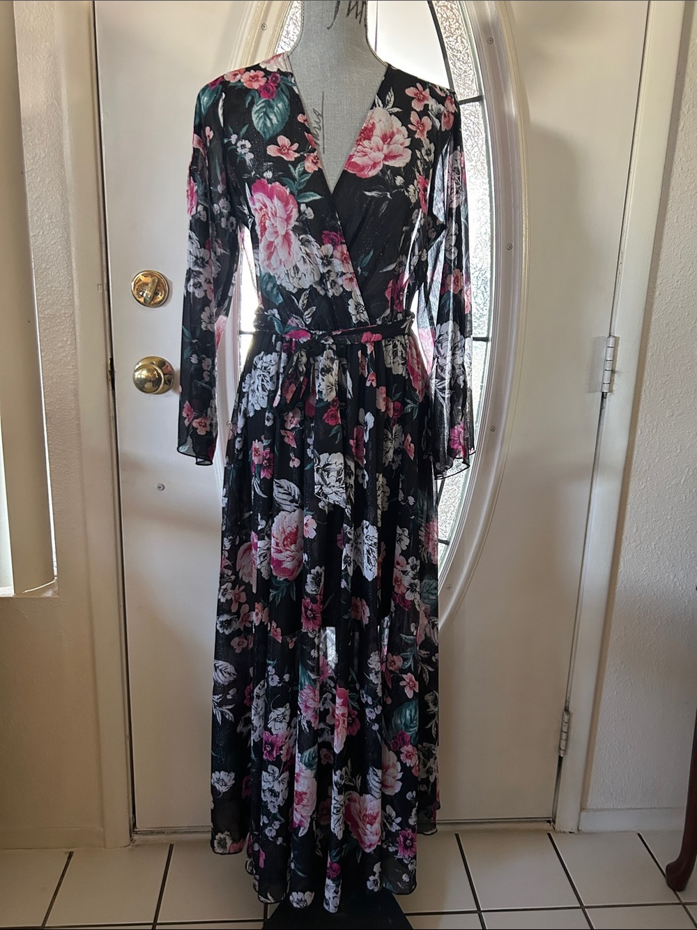 Black Floral Wrap Maxi Dress with Pink Rose Accents
